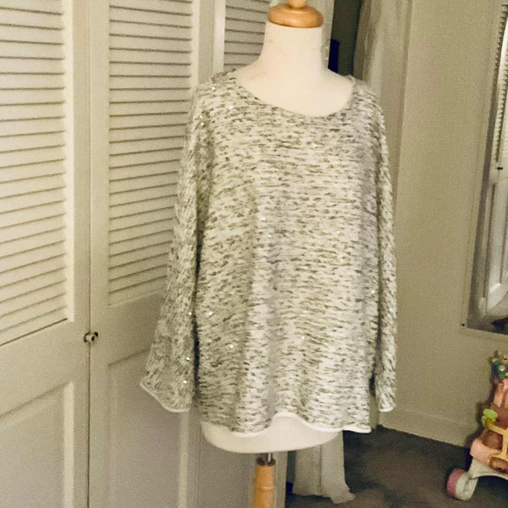 Sweater- grey, silver, shiny threads, high hip length. Like new.